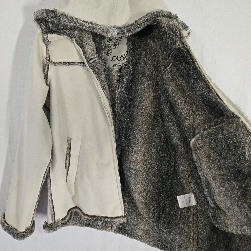 Lole Faux Fur Suede Coat Large Cream Zipper Pockets Full Zip Ultra Soft Boho - Picture 7 of 8